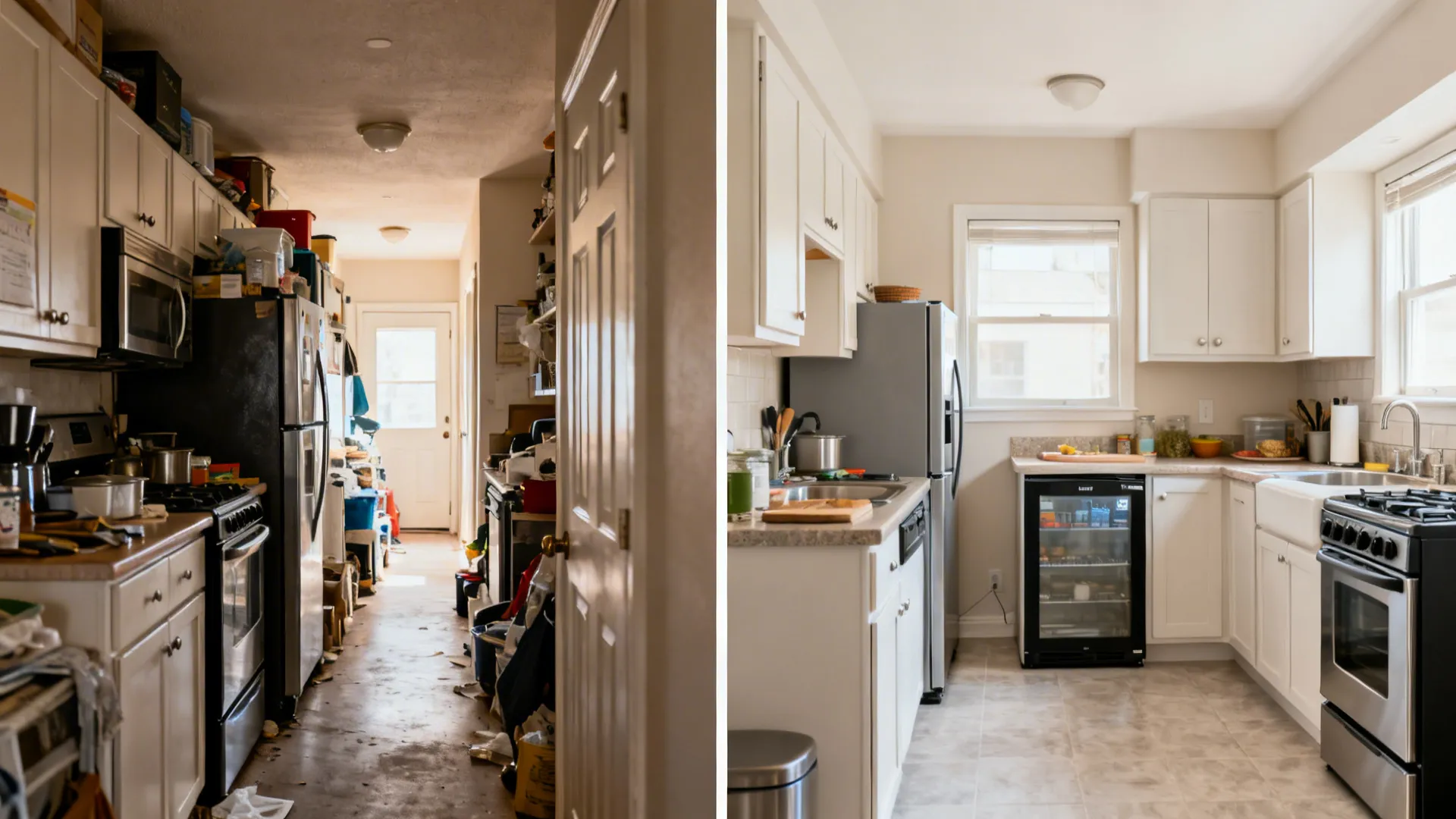 Split view showing a crowded corridor kitchen before and a compact, well-zoned layout after.
