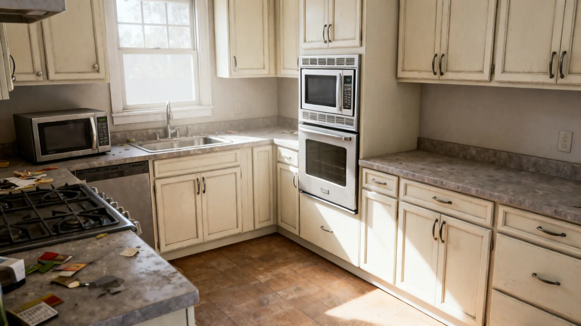 Before and after of a small kitchen changing from cluttered to unified 24-inch appliances