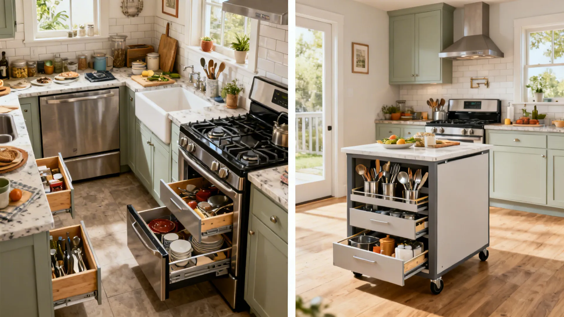 Side-by-side small kitchen comparison showing oversized vs right-sized range and added storage.