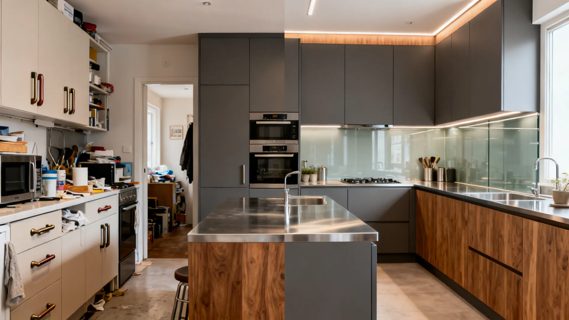 Before-and-after of a compact kitchen transformed into an ultra-modern handleless design with integrated appliances and warm accents.