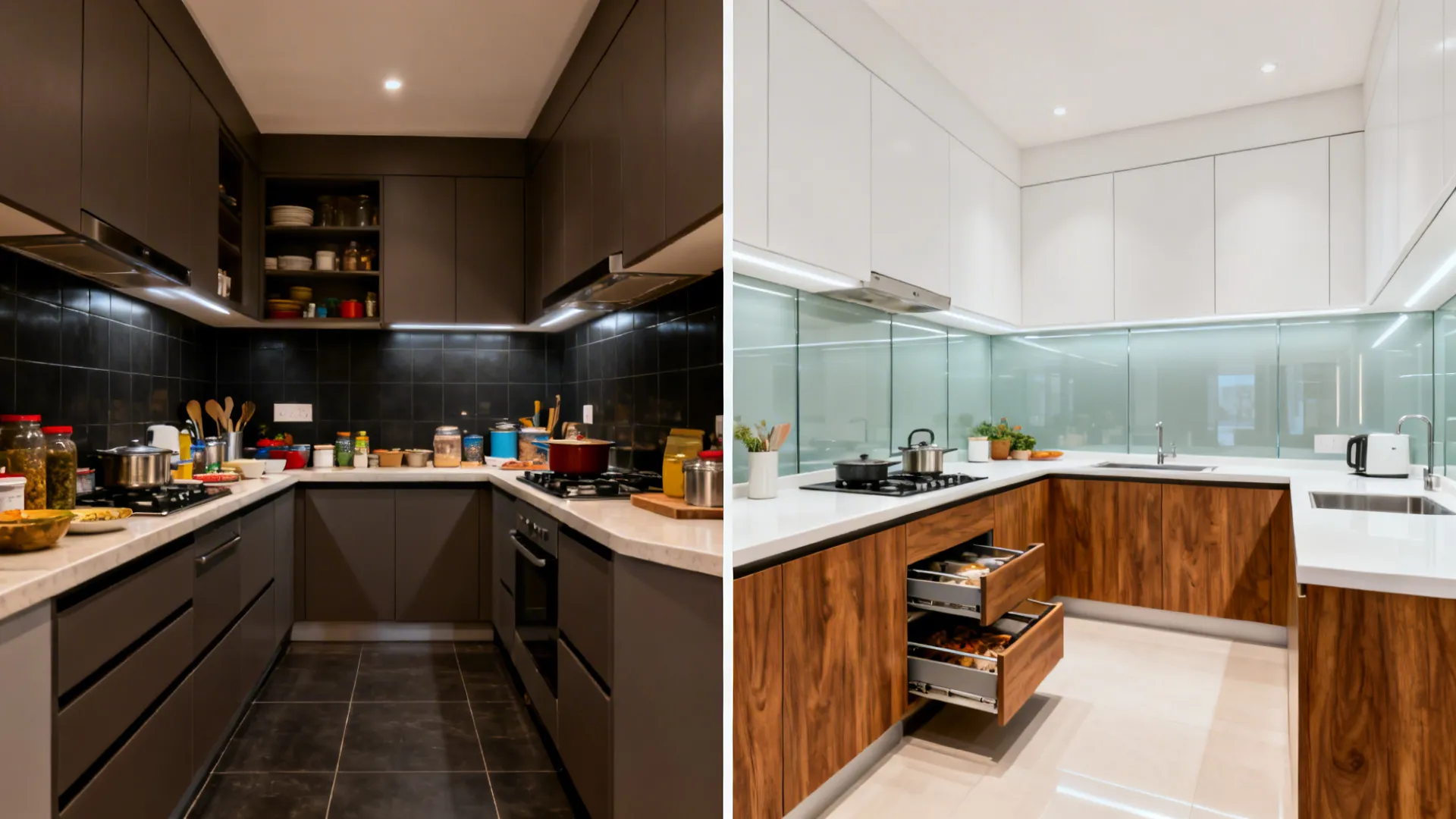 Split view showing a cluttered small kitchen before and a bright modular L-shaped kitchen after.