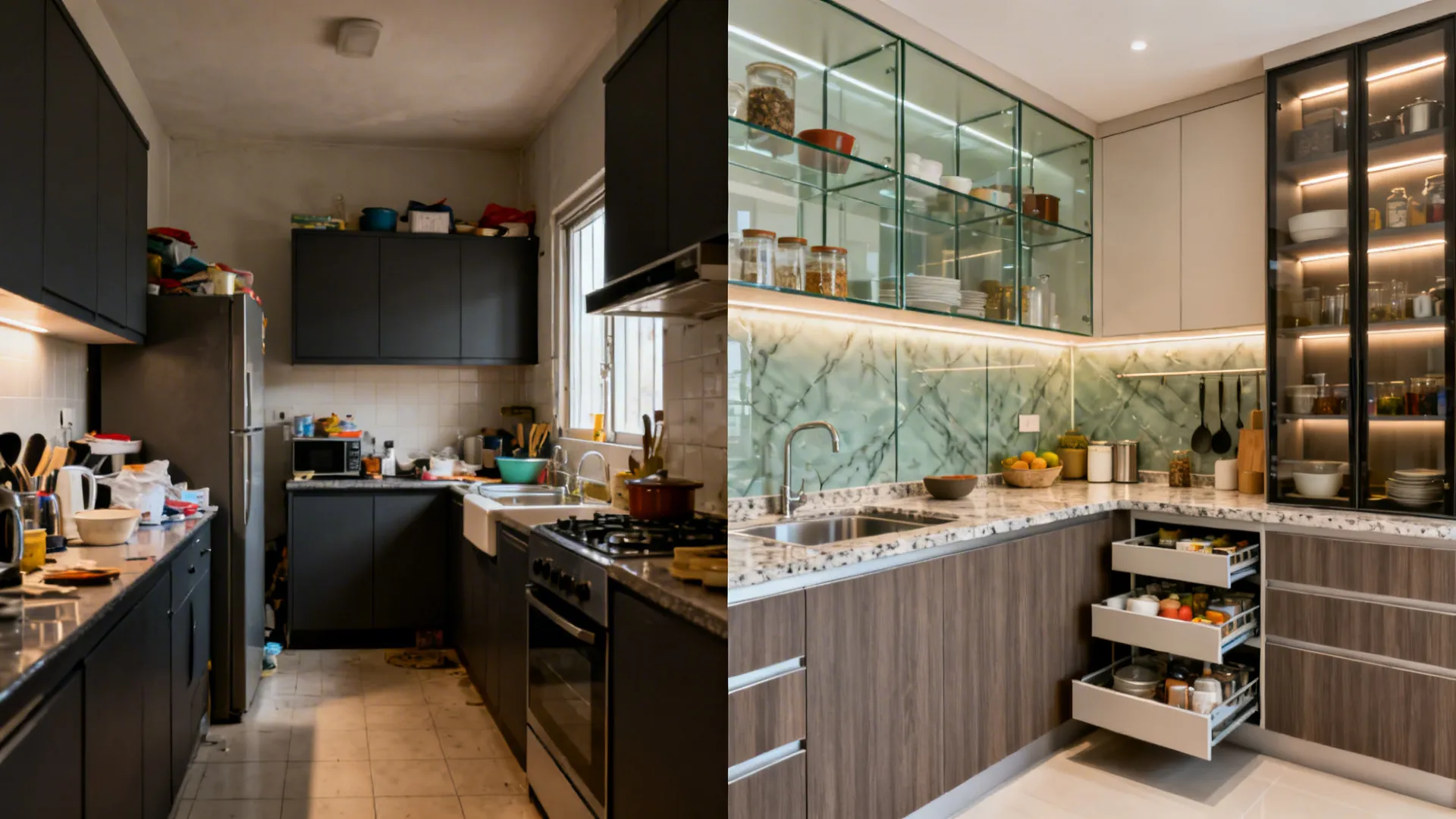 Before-and-after of a compact Malaysian kitchen transformed with brighter two-tone cabinets.