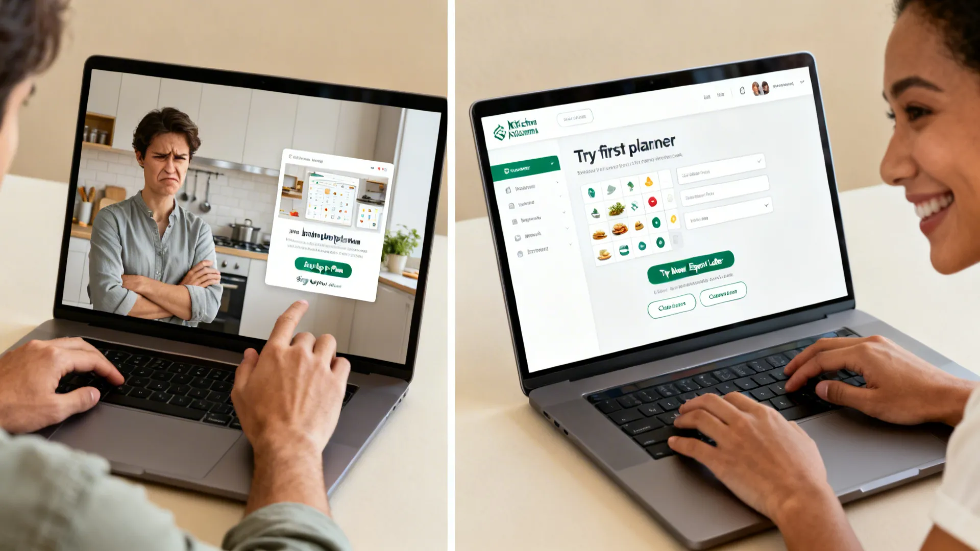 Split-screen comparing hard-gated planner versus try-first optional sign-up flow.