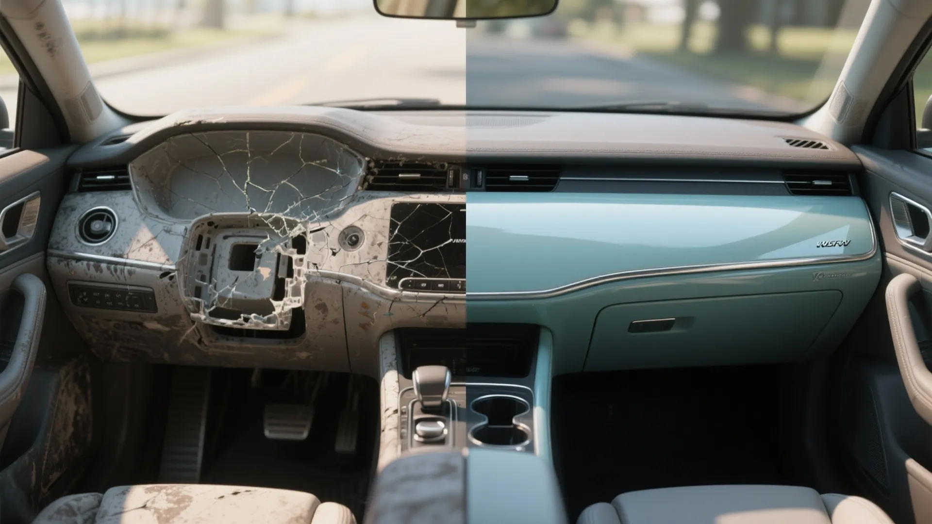 Before and after comparison showing a broken car dashboard restored to a clean blue finish