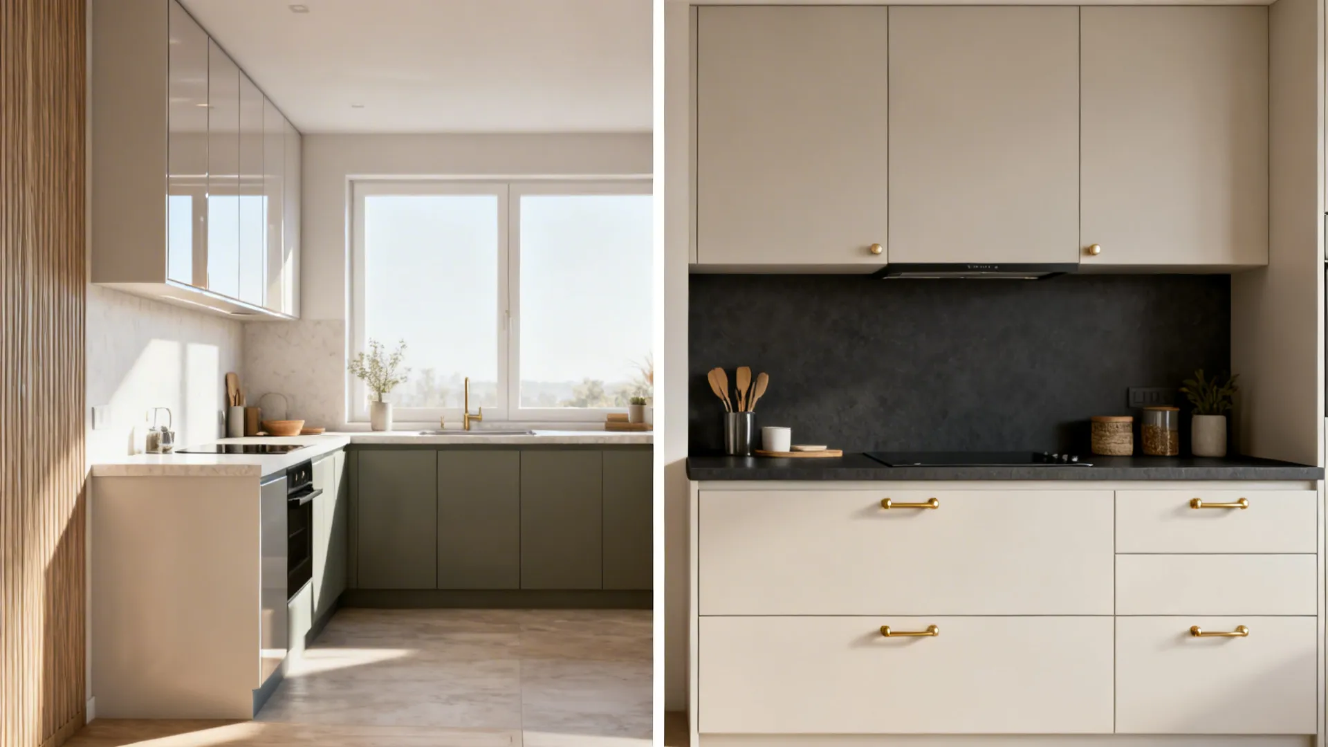 Before-and-after view comparing glossy mismatched kitchen to light matte cabinets with dark counter.