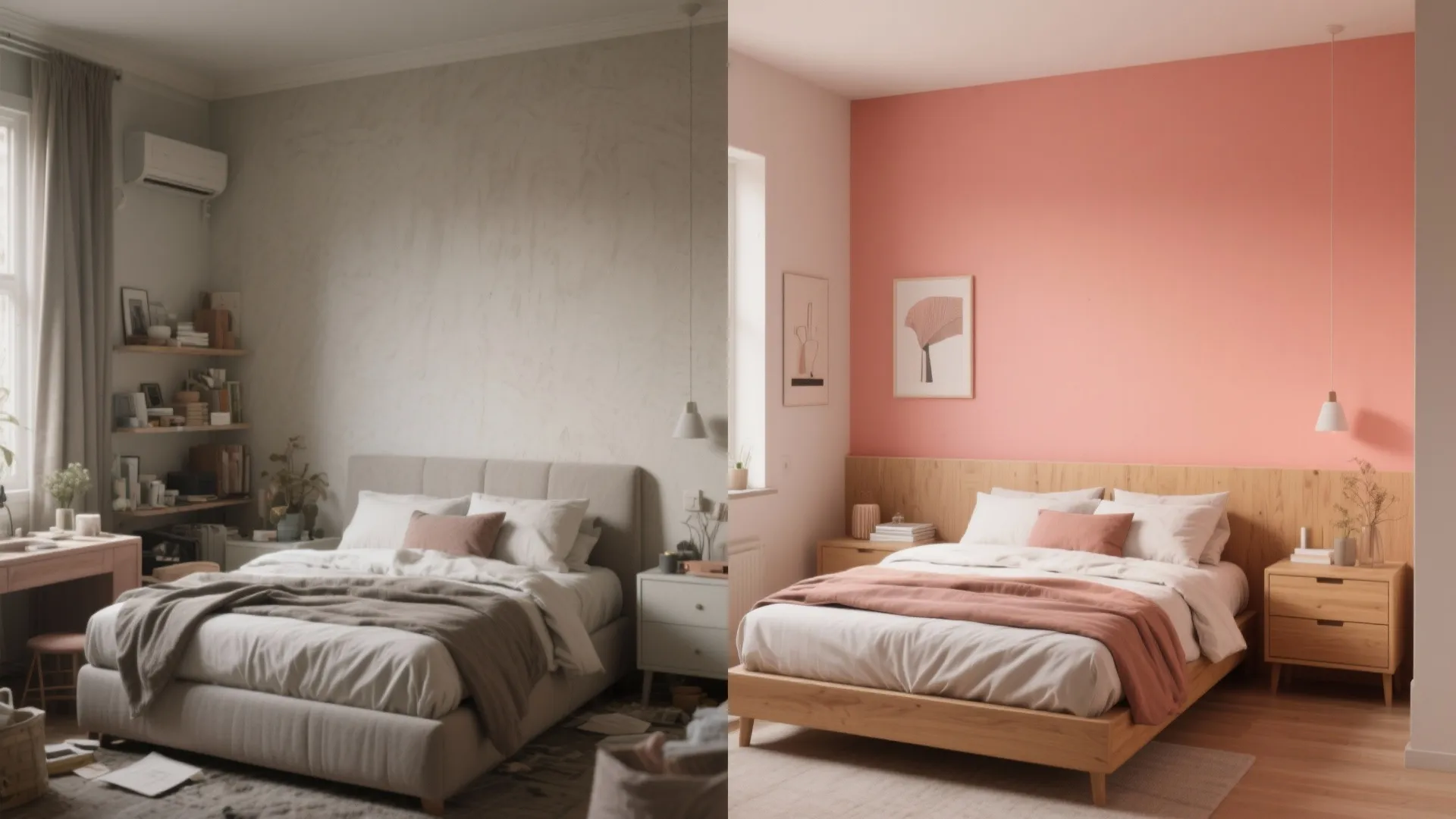 Before and after comparison of a small bedroom with and without a coral accent, showing increased warmth and cohesion.