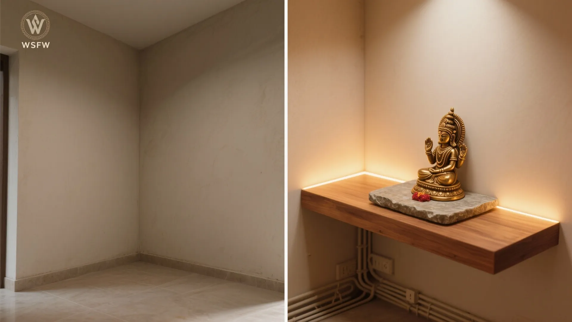 Before-and-after comparison of a bare corner versus a wall wooden shelf with small golden statue