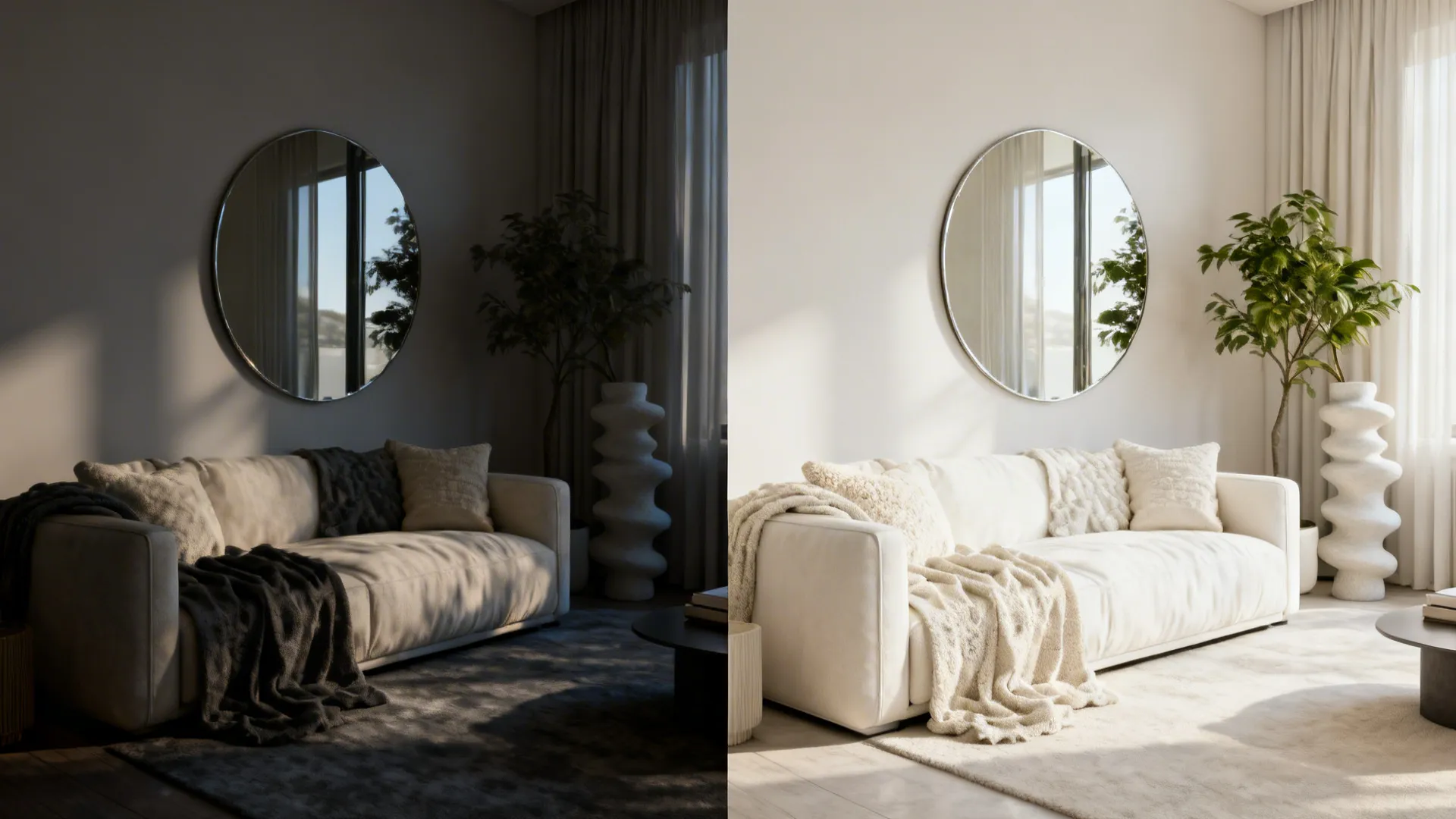 Before-and-after comparison showing a cold cluttered room transformed into a cream-and-white textured living room