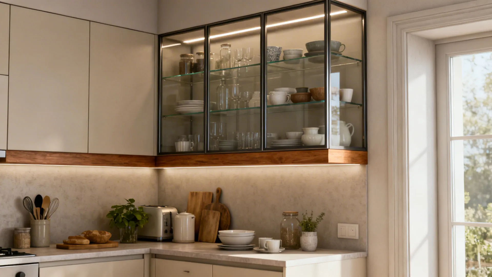 Small kitchen updated from opaque cabinets to slim-framed glass uppers with warm wood bases.