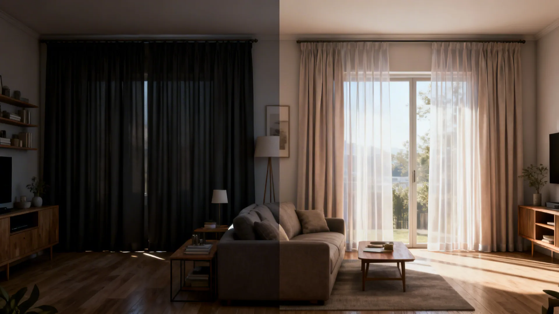 Before-and-after comparison showing dark blackout curtains vs light layered sheers opening the space.