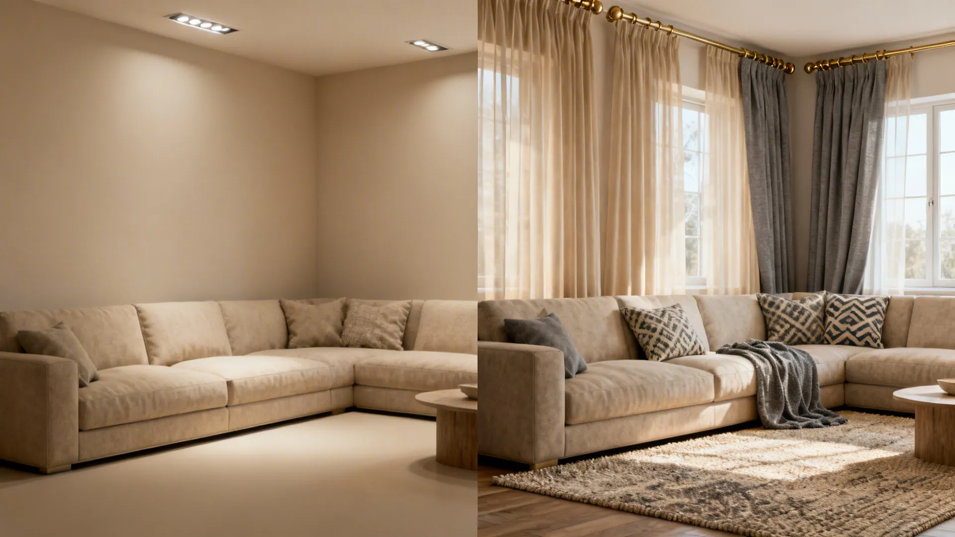 Before-and-after comparison showing a bland living room transformed by layered beige and gray curtains and coordinated decor.