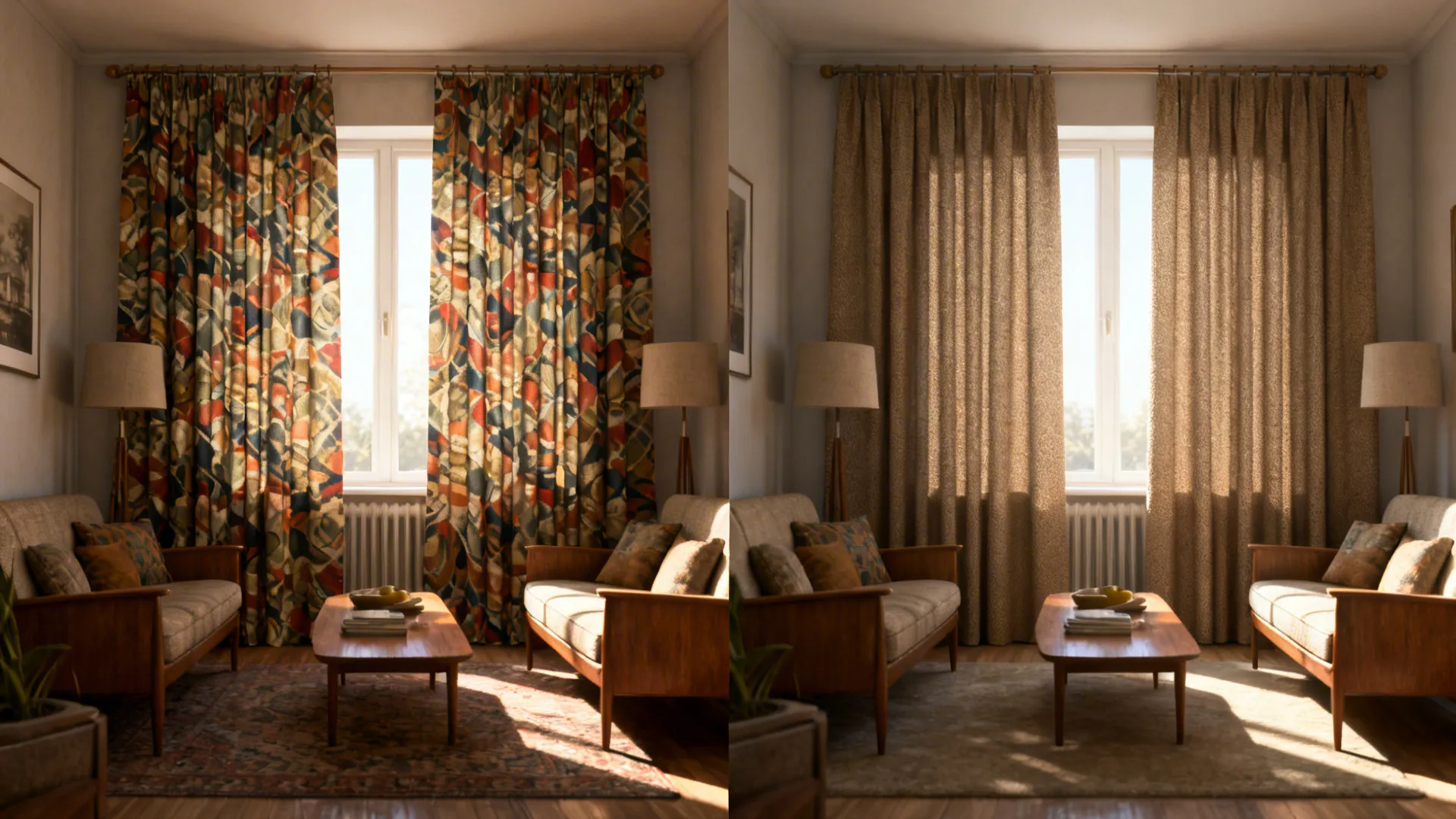 Before-and-after of small living room showing effect of scaled patterns and textured curtains