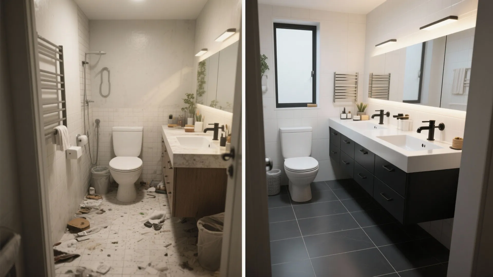 5. Mix dark grey floor with high-contrast white fixtures