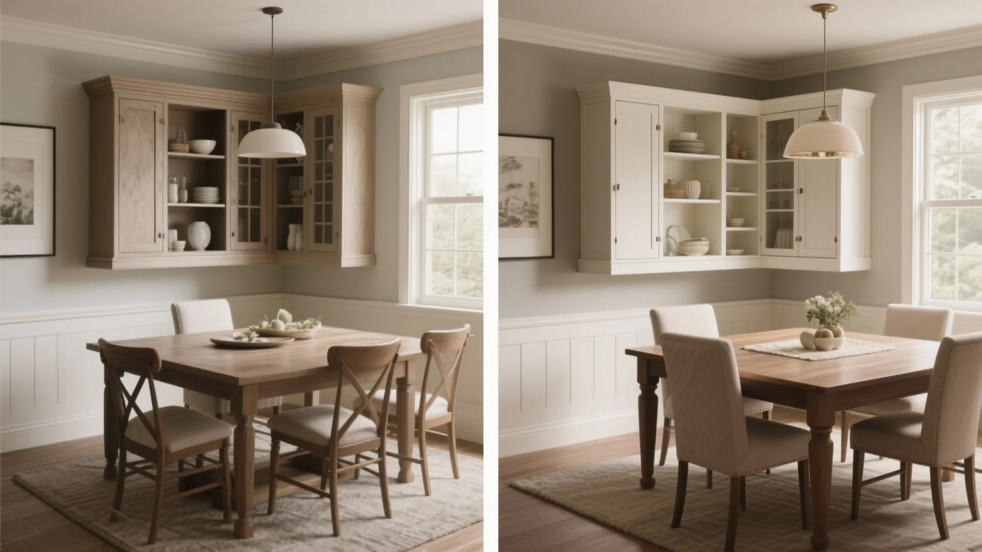 Before-and-after comparison of a dining room showing wooden versus white wall cabinets with ceiling lights