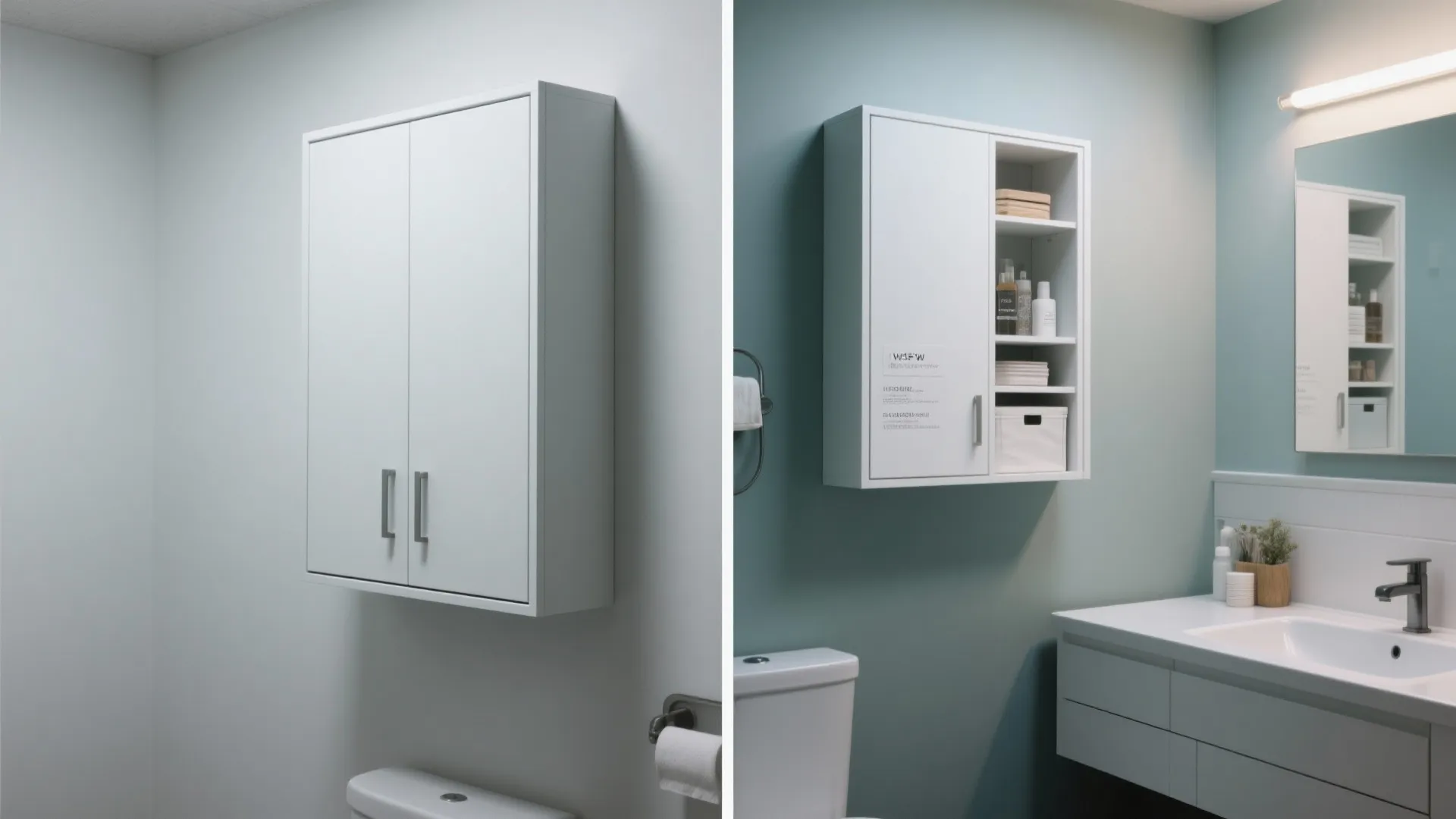 Before-and-after: wall painted darker behind a slim white cabinet to add perceived depth and labeled shelves.