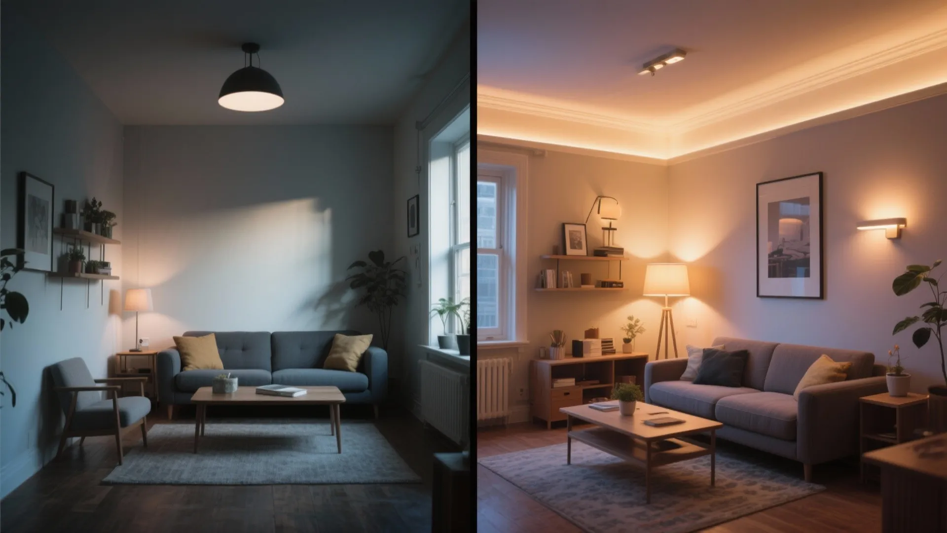 Side by side comparison of a dark living room versus one with warm bright lights