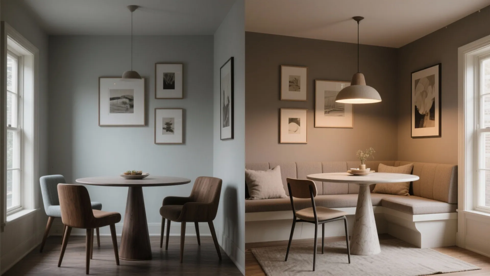 Before and after comparison of a dining room showing new furniture and warm interior lighting