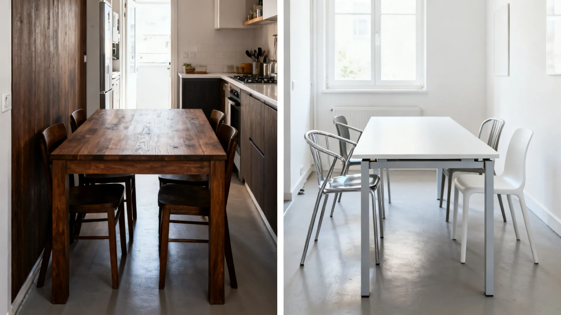 Before-and-after of a small kitchen dining area switching from a bulky set to a slim extendable with clear walkways.
