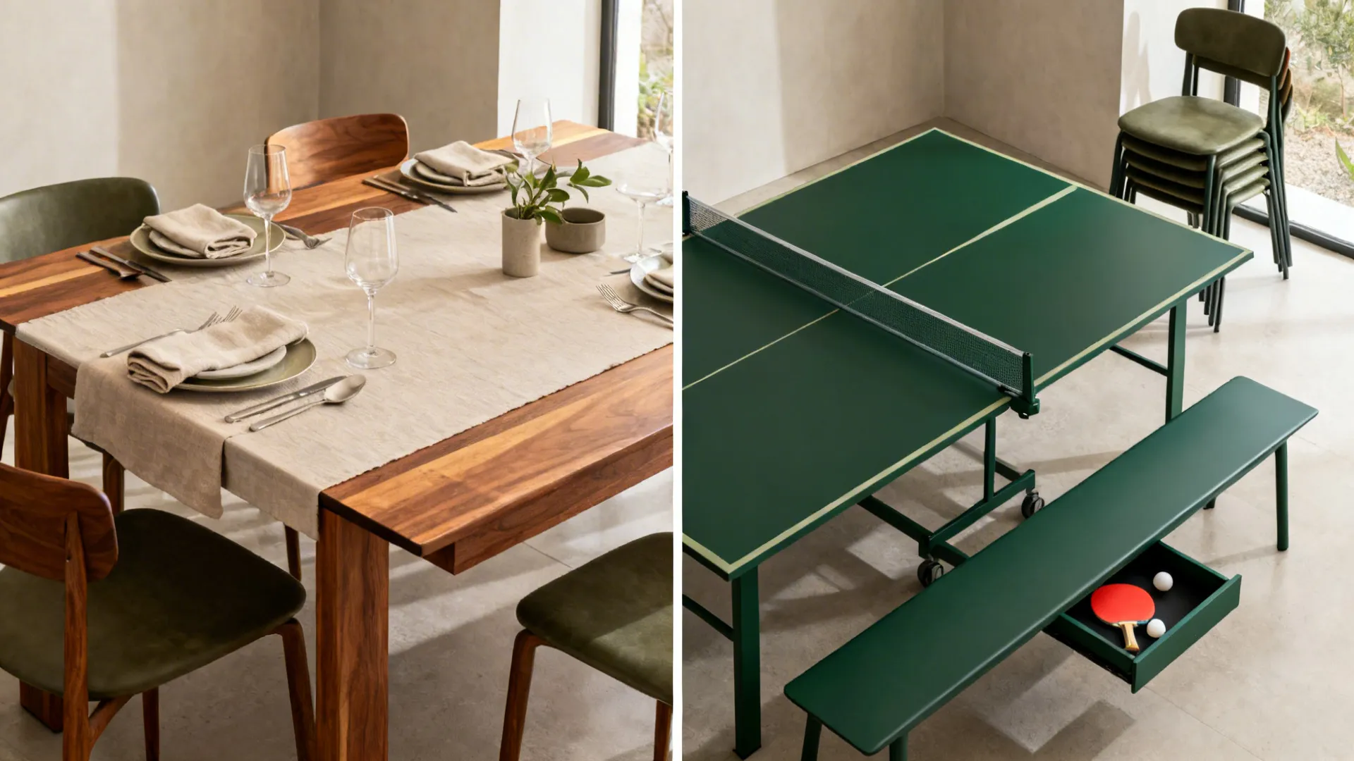 Before-and-after of a dining table switching from dinner setup to matte green ping pong top