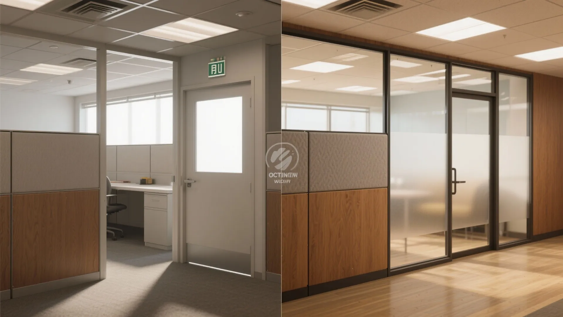 Before and after comparison of solid office doors versus modern glass doors for more natural light