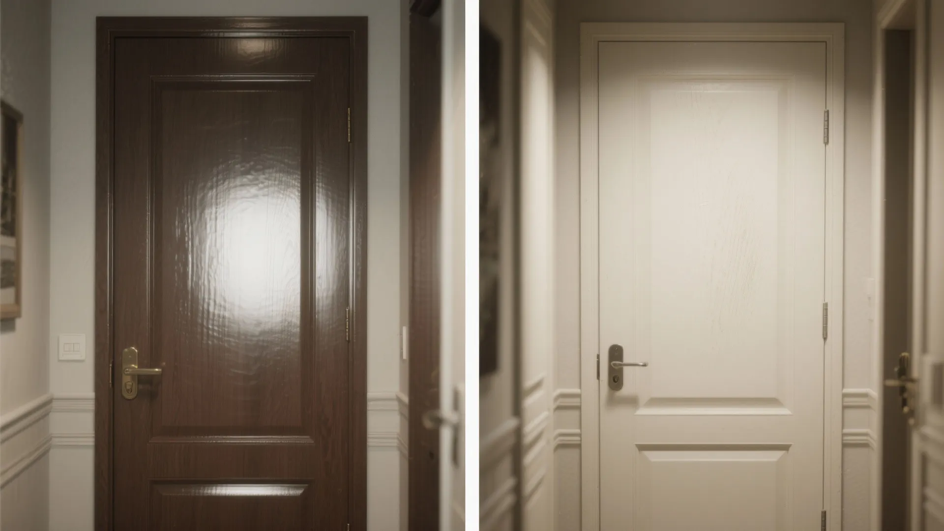 Comparison showing a dark brown wooden door on left and a white painted door on right