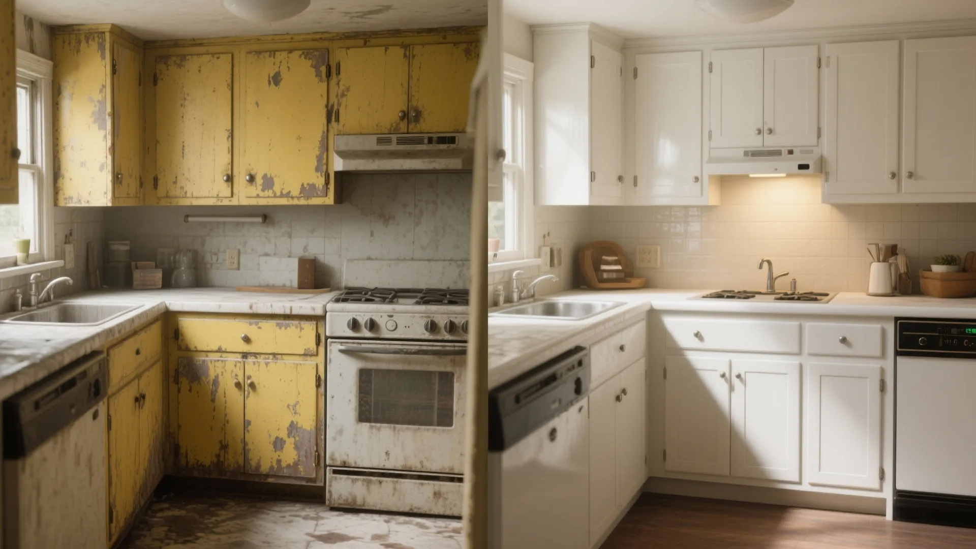 Before and after comparison of an old yellow kitchen transformed into a clean white kitchen