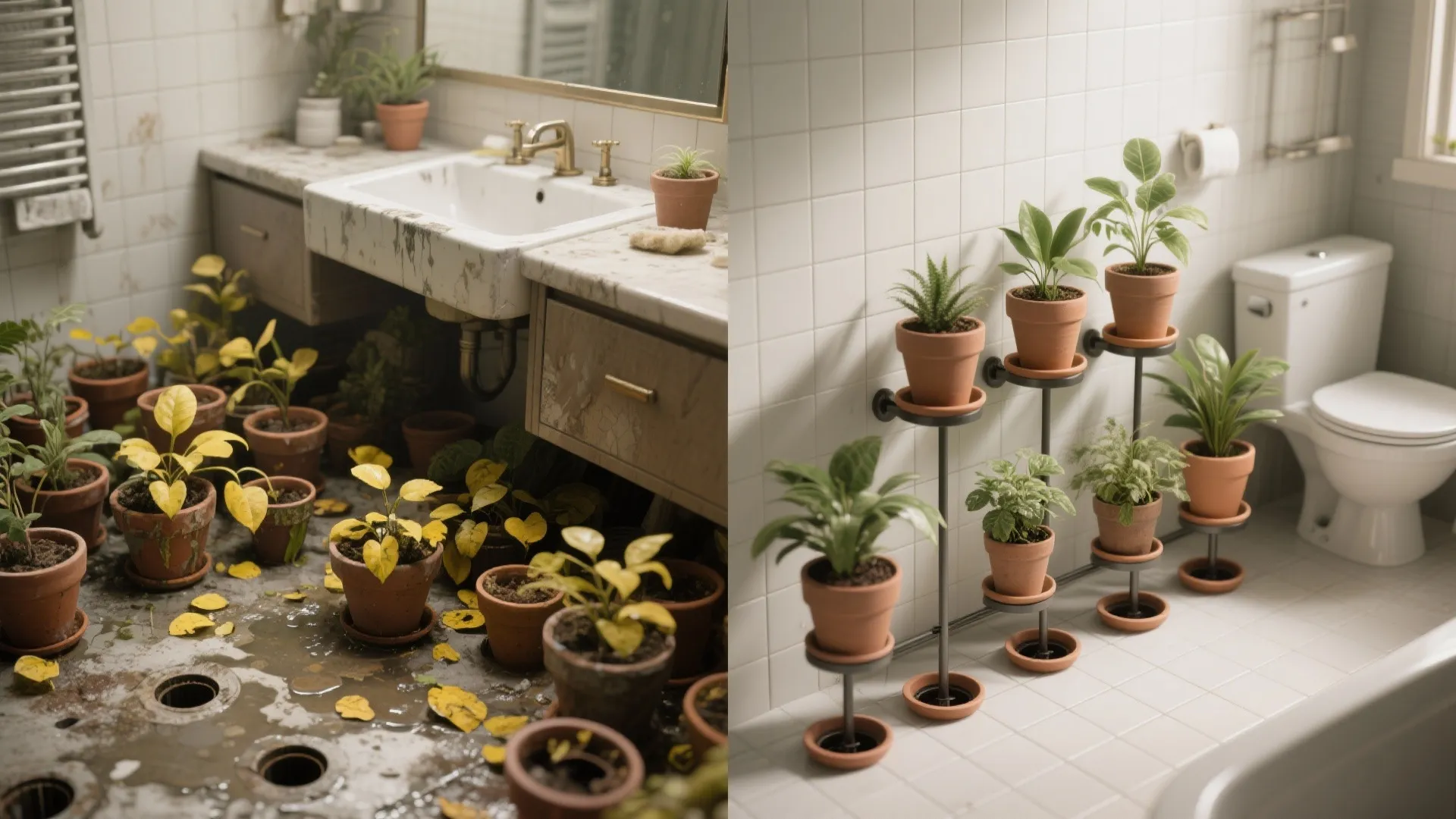 Before and after comparison of messy flooded bathroom versus clean organized bathroom with metal plant stands