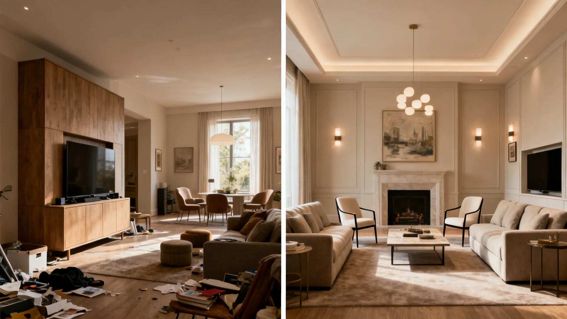 Split view showing casual TV-centric room before and a refined conversation-focused drawing room after.