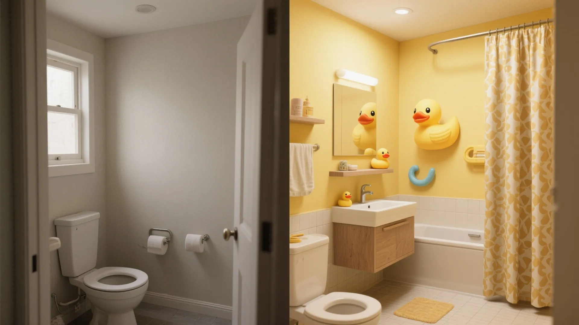 Before and after comparison of simple white bathroom versus bright yellow duck themed bathroom design