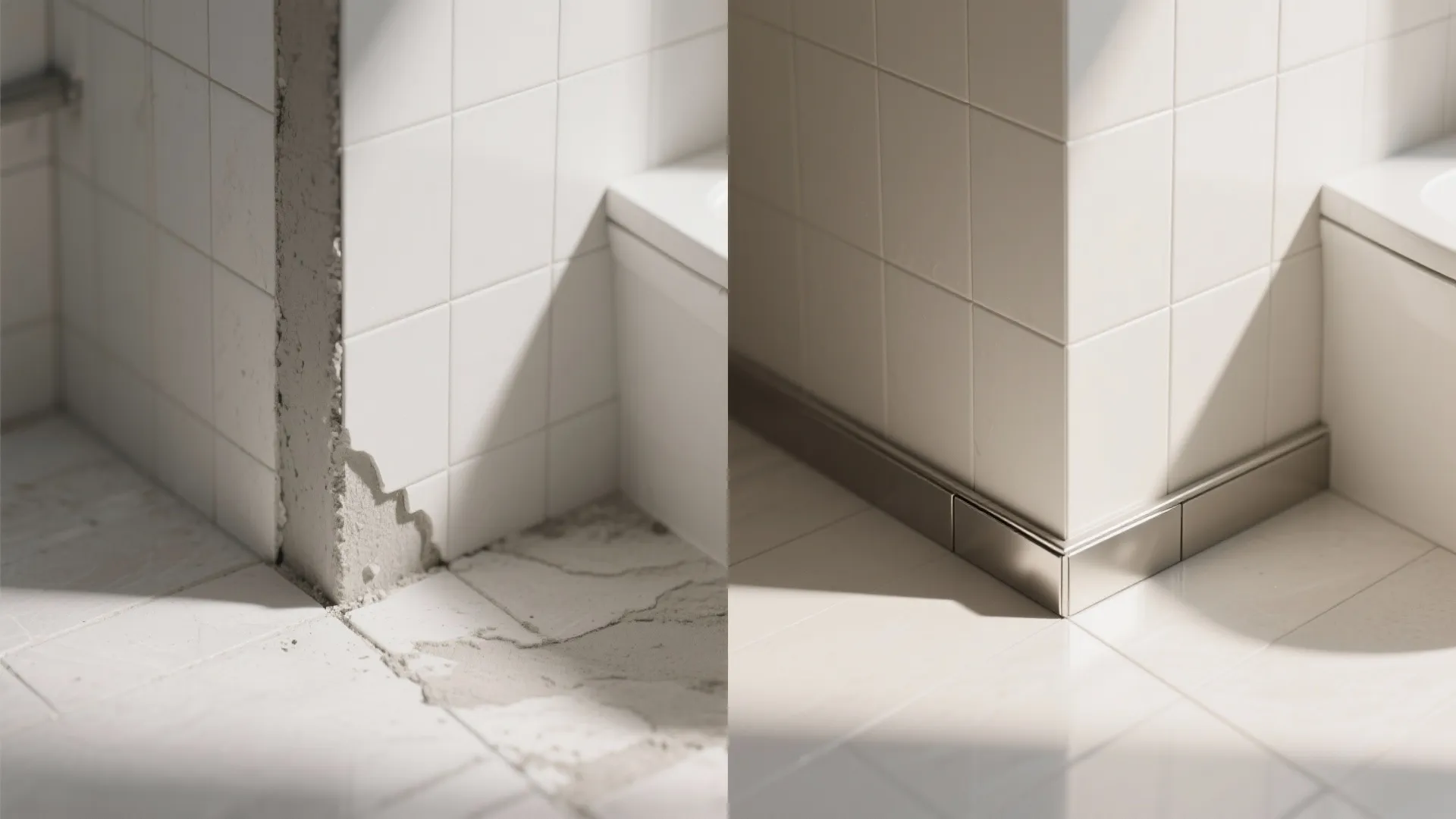 Before and after comparison of a broken wall corner versus a clean metal baseboard finish