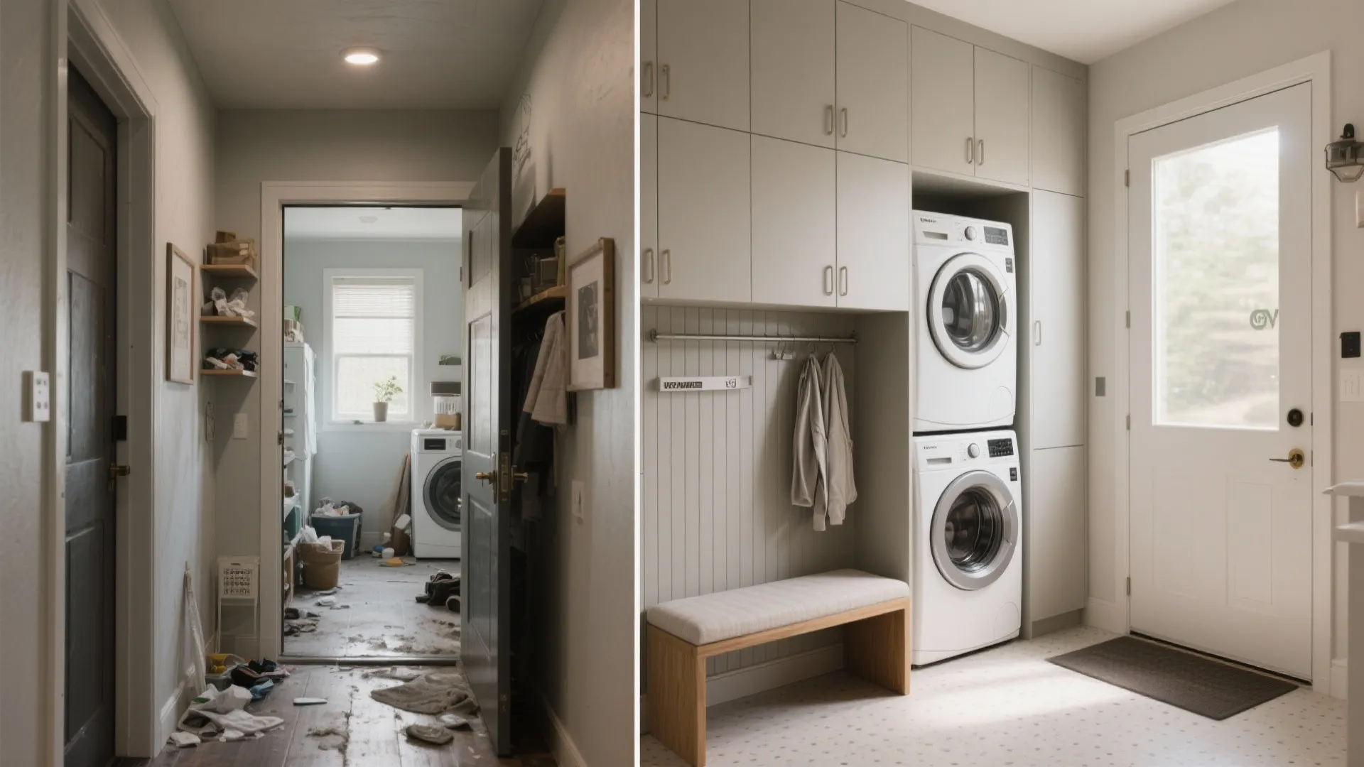 Before and after comparison of a messy dark hallway versus a clean white laundry room entryway