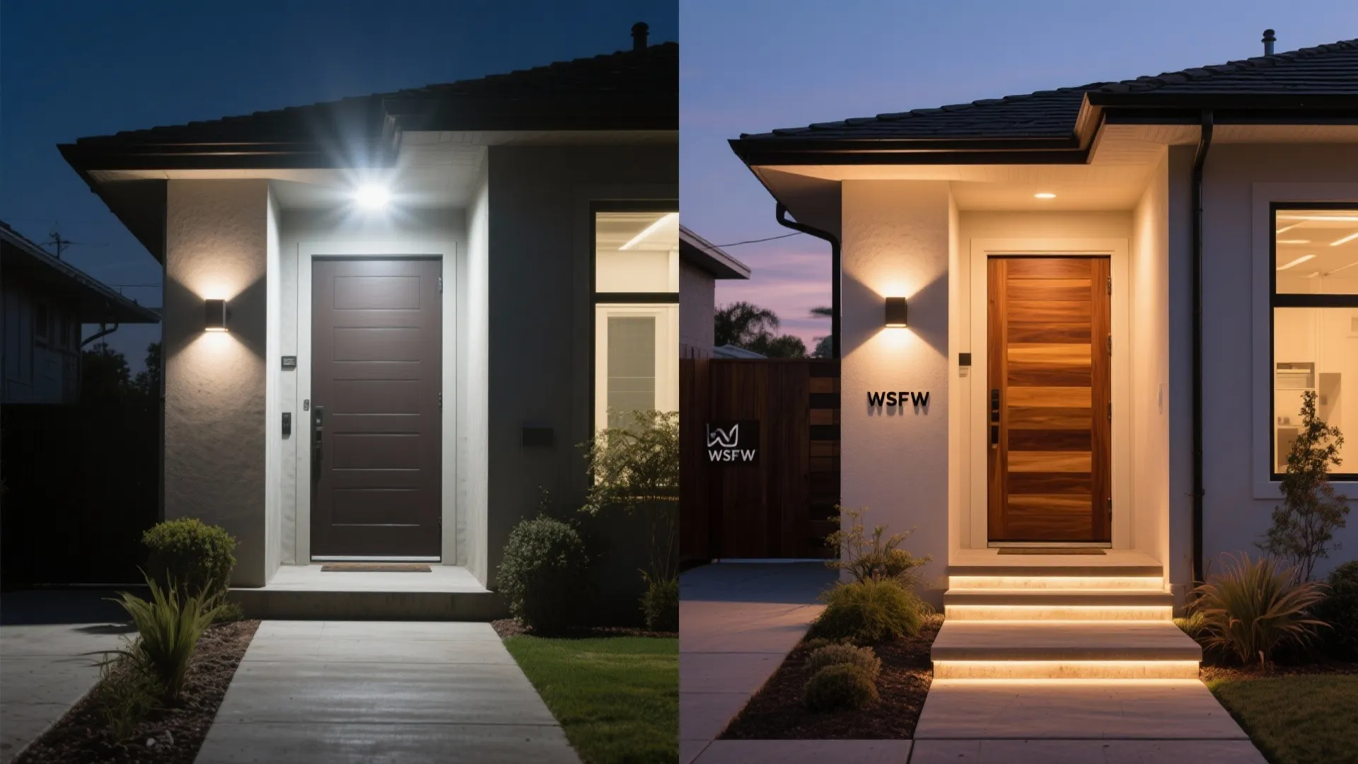 Before and after comparison of a house entrance with simple versus warm decorative step lighting