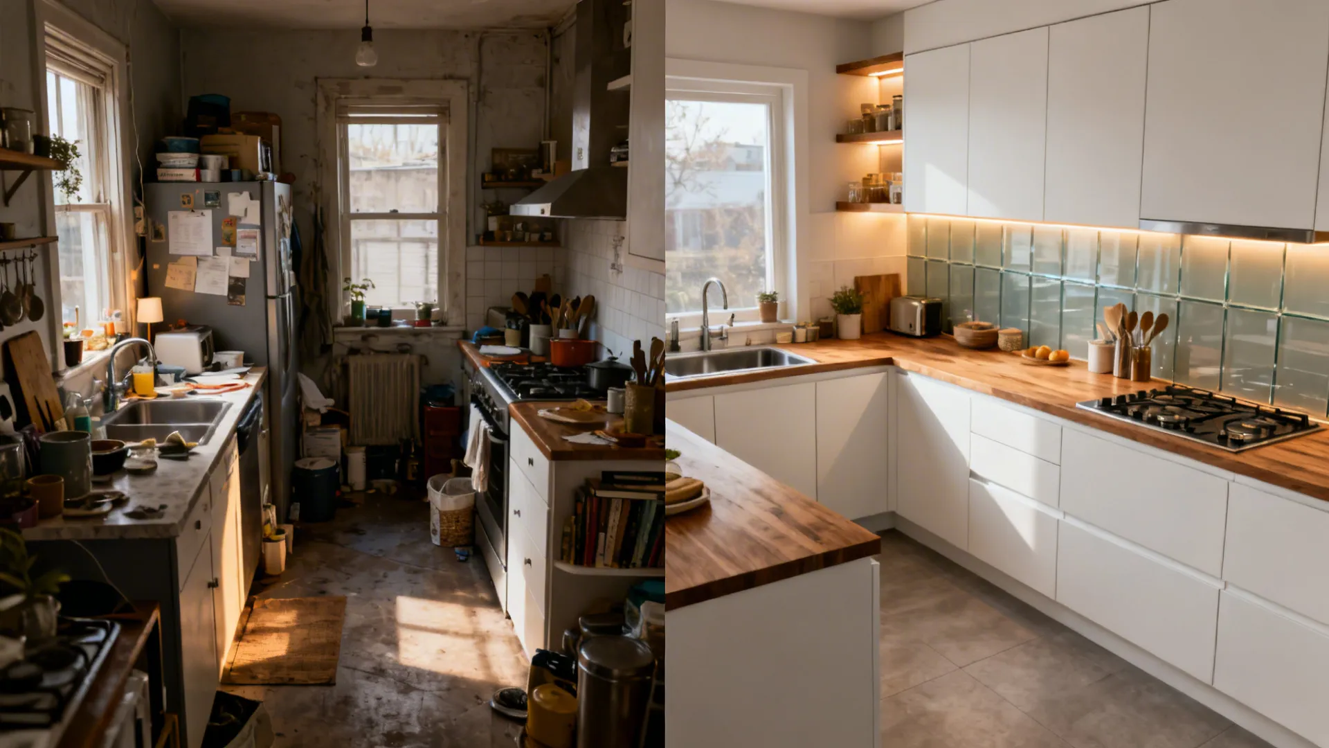 Before-and-after compact kitchen comparing a cramped layout to an optimized ergonomic design with better lighting.