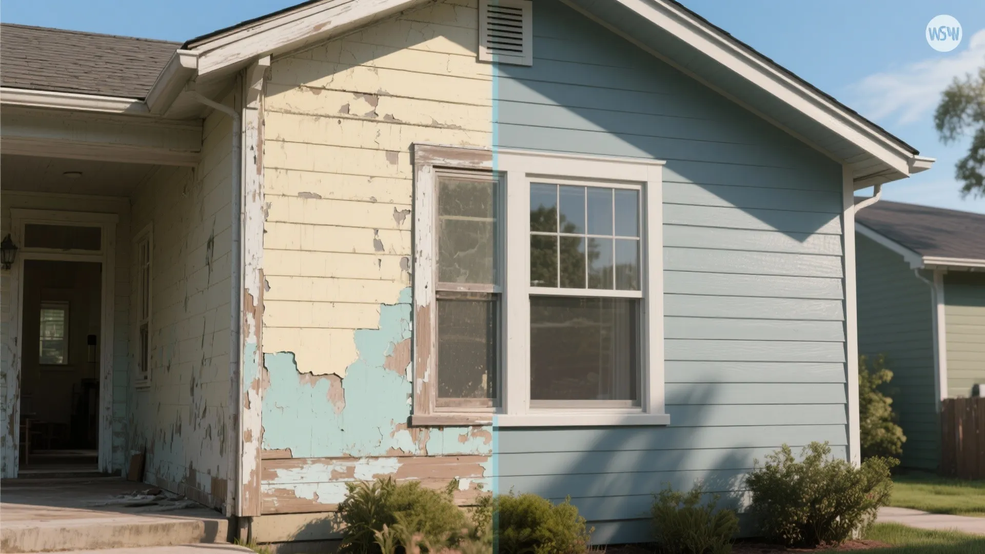 Before and after comparison of house wall with peeling paint next to fresh blue siding
