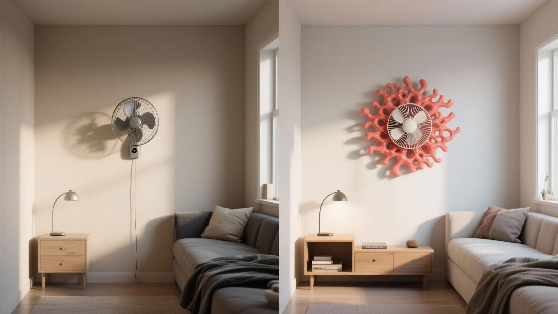 Split interior view comparing a neutral wall fan to a bold coral fan in the same compact room.