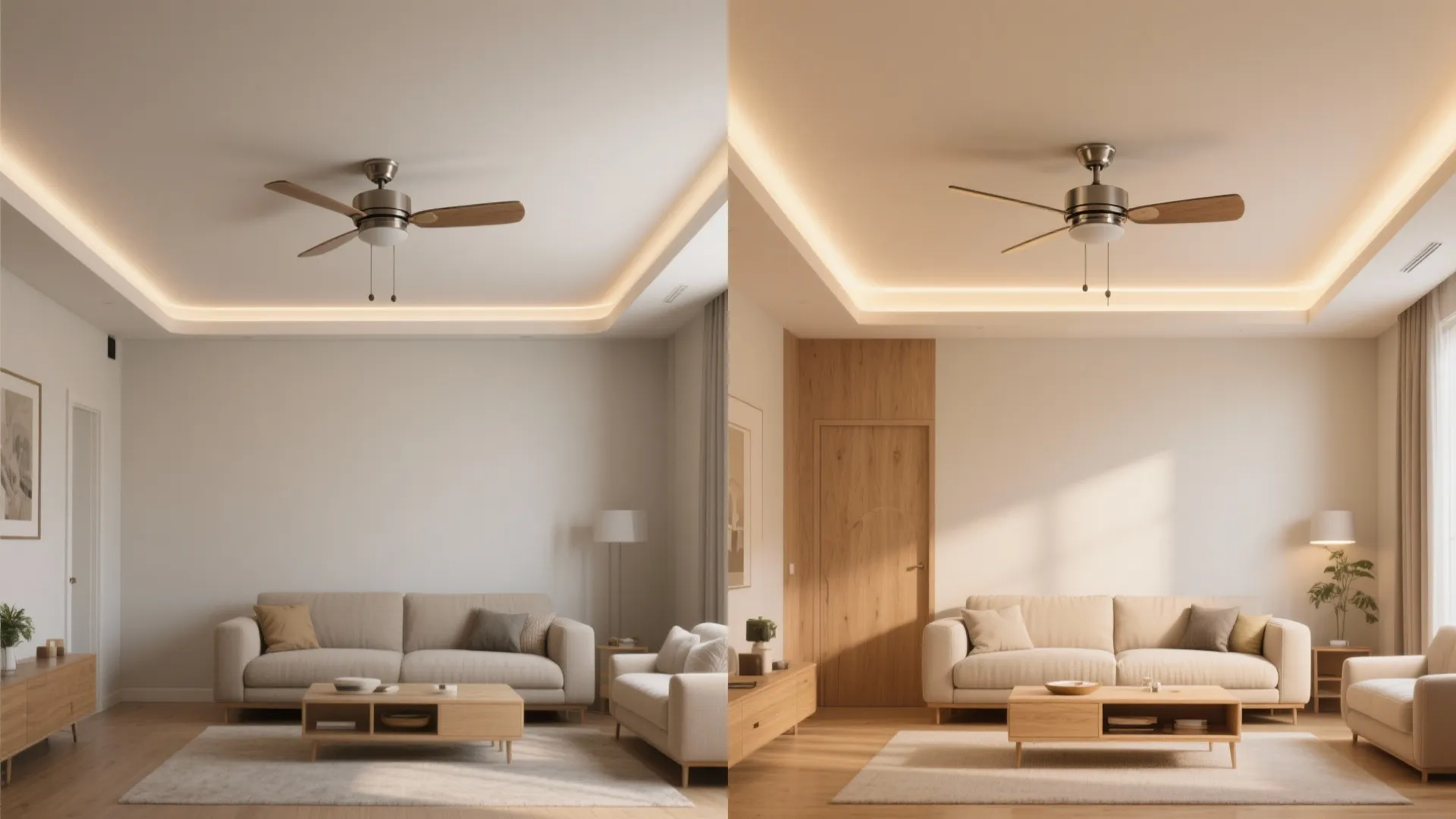 Before and after comparison of a living room layout showing new wood wall panel door