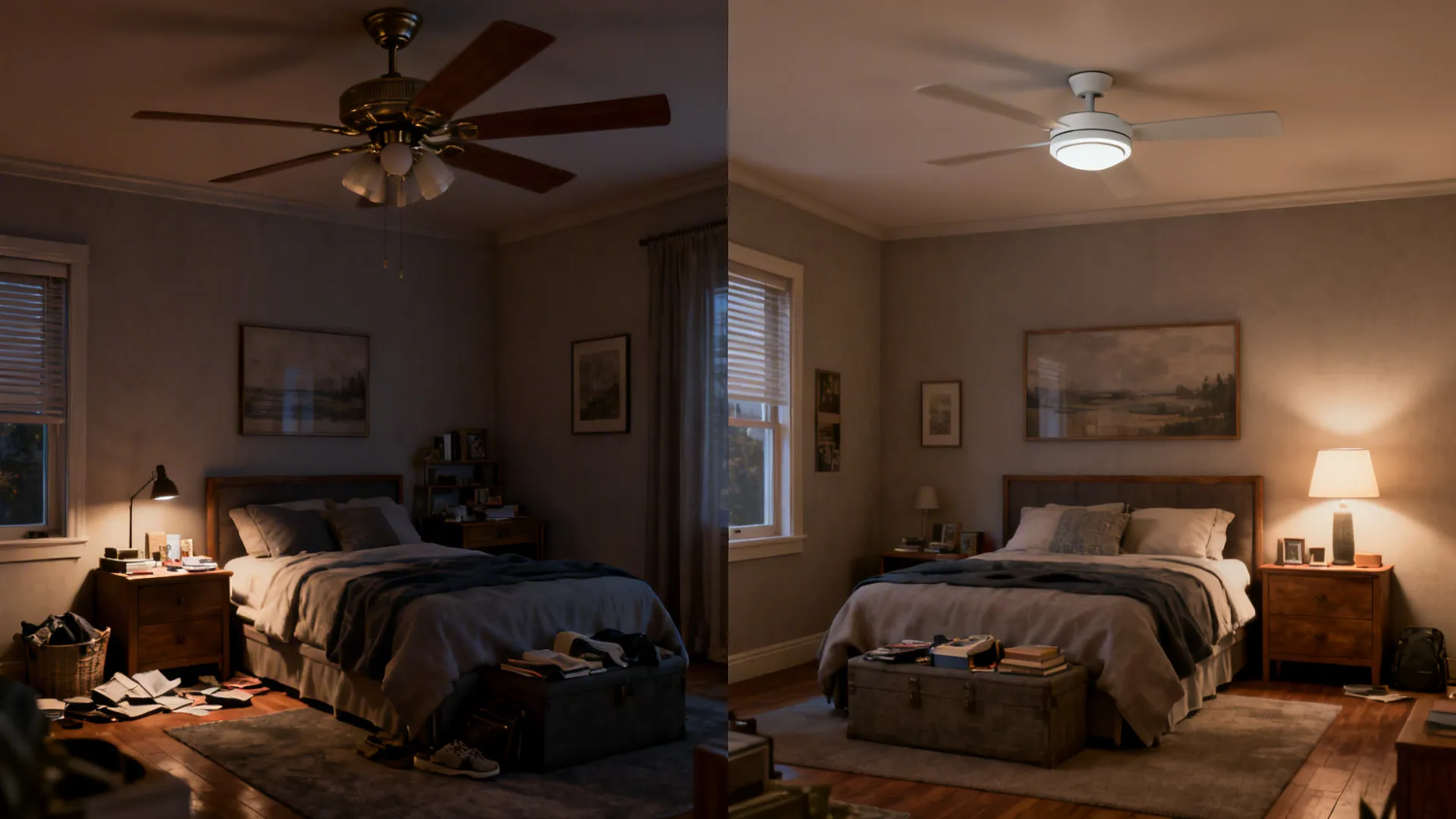 Before-and-after comparison showing oversized fan in a small room versus properly scaled flush-mount fan with safe clearance