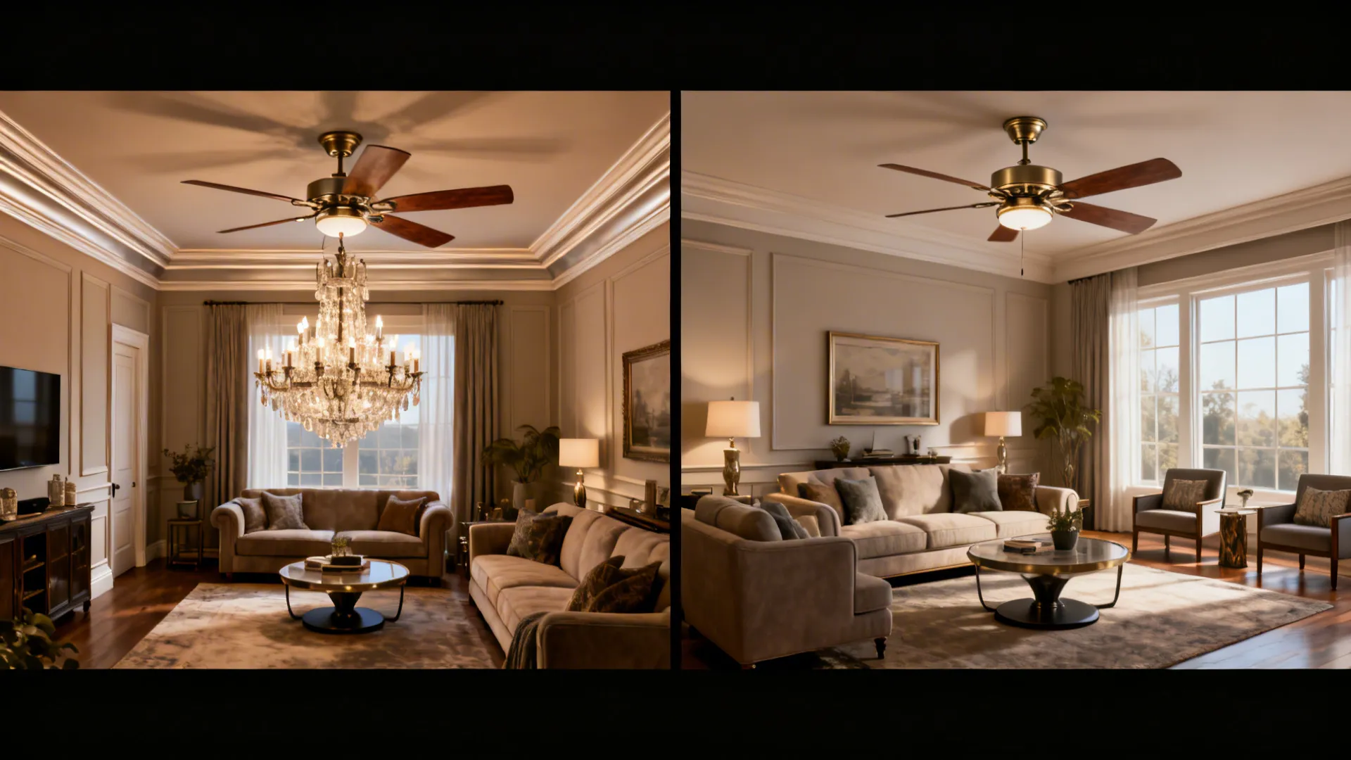 Before and after comparison of a living room layout with a ceiling light and fan