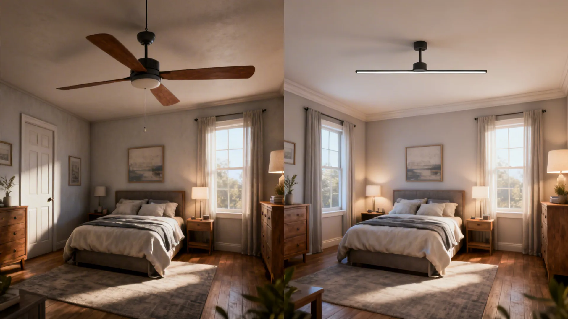 Before-and-after showing oversized hanging fan versus flush-mount slim fan in a small bedroom for scale comparison.
