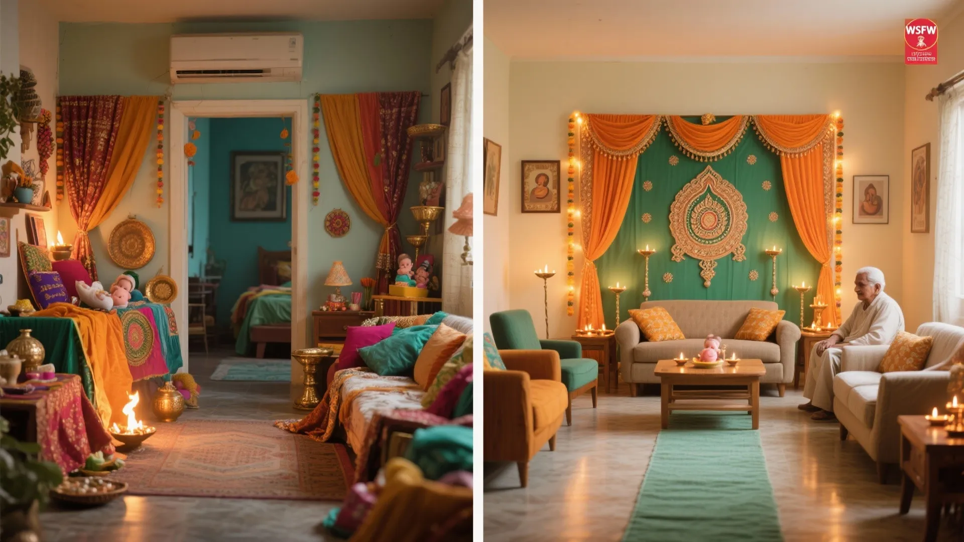 Before and after comparison of a messy living room versus a clean organized interior space