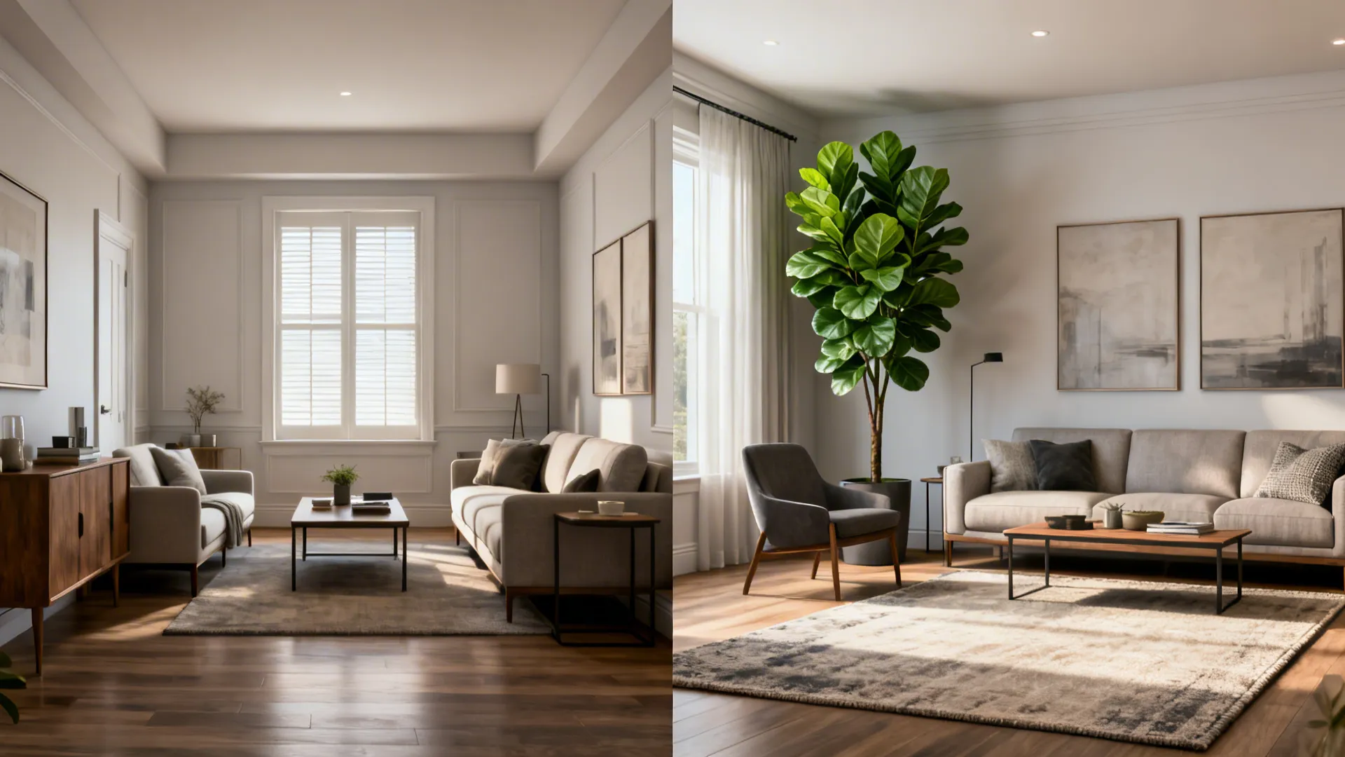 Before and after of a small living room showing the impact of a 7ft faux fiddle leaf fig