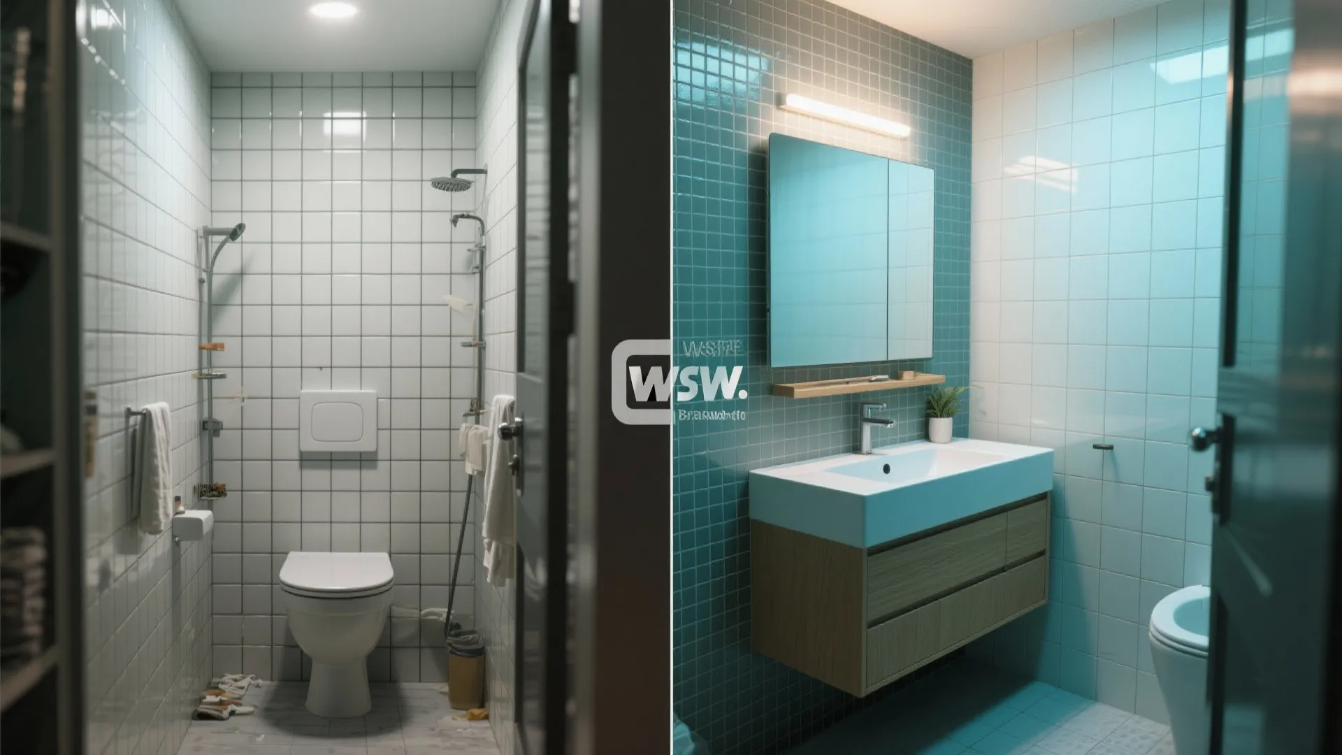 Before and after showing a plain small-tile bath versus a 3D feature wall with quiet surrounds.