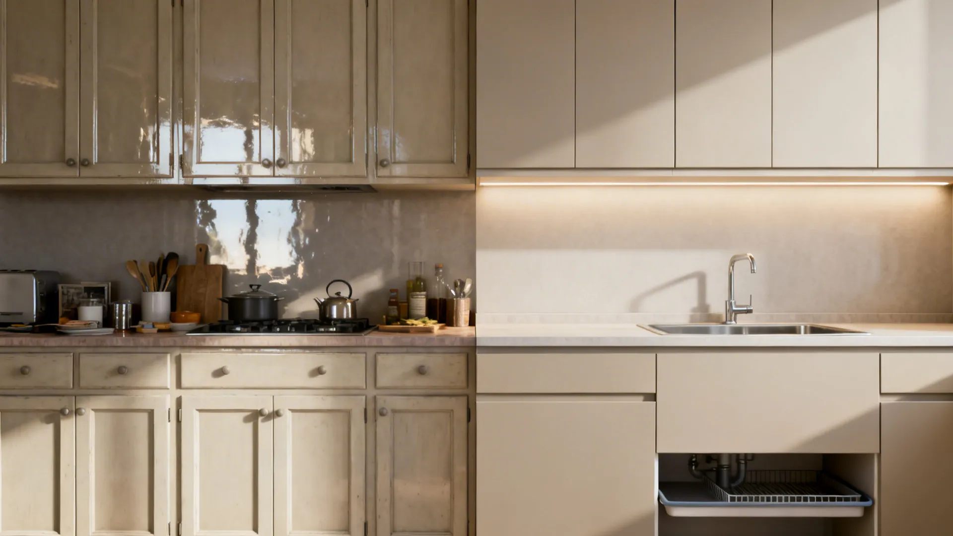 Before-and-after compact kitchen upgrading to matte fiber flat panels with improved lighting.