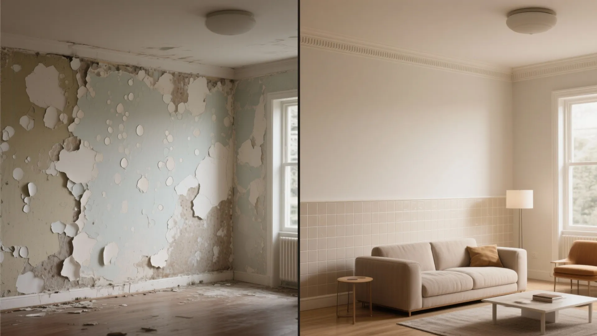 Damaged room with peeling paint compared to a clean living room with a cream sofa