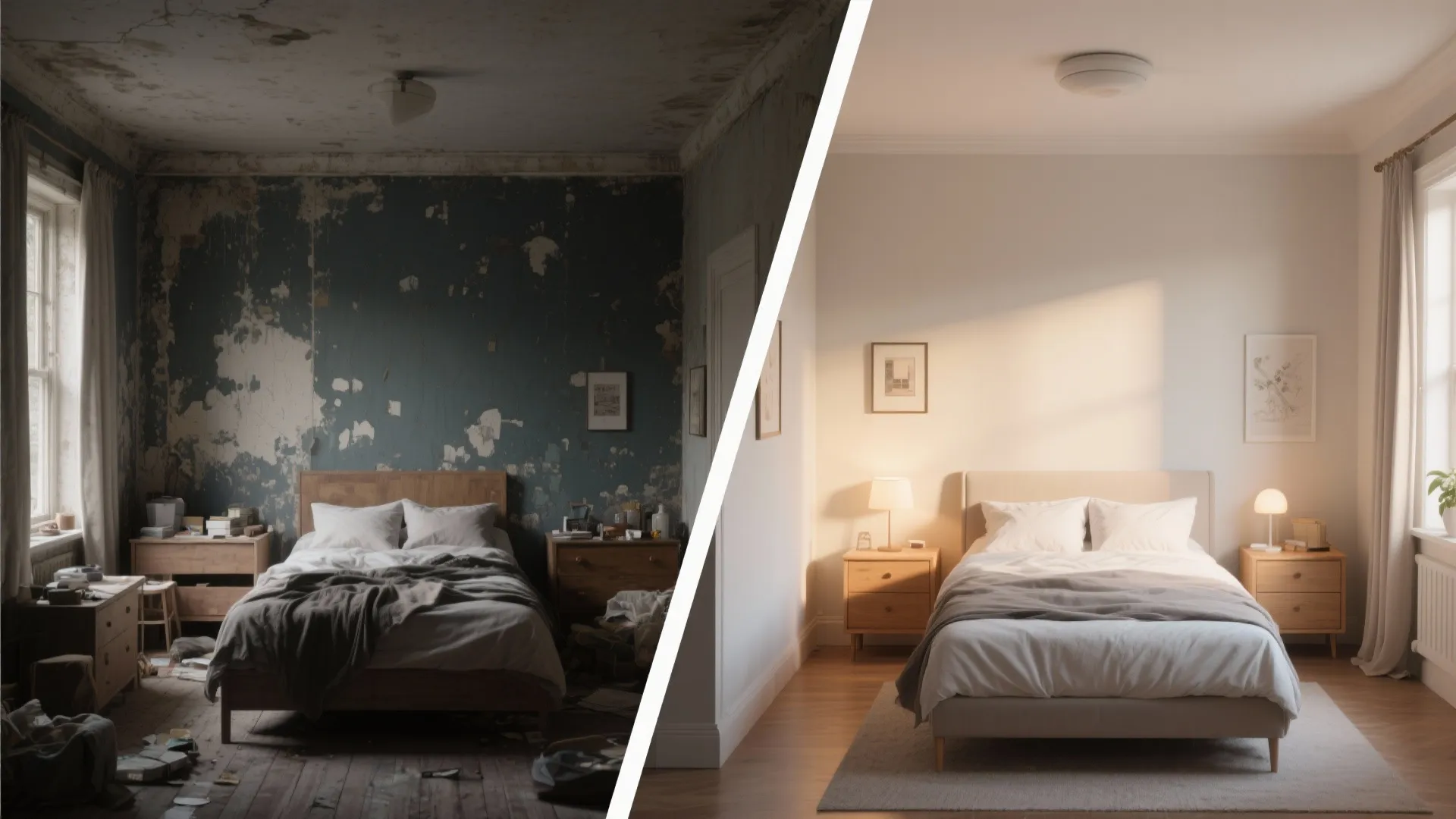 Before and after comparison of a messy old bedroom versus a clean modern renovated bedroom