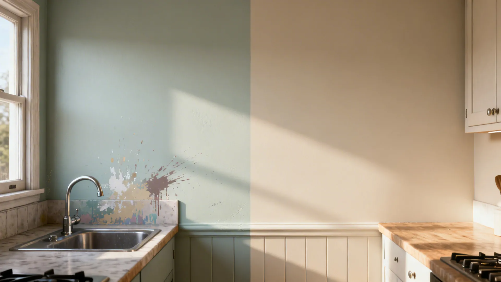 Before-and-after showing flat paint issues behind a sink versus a durable satin finish fix.