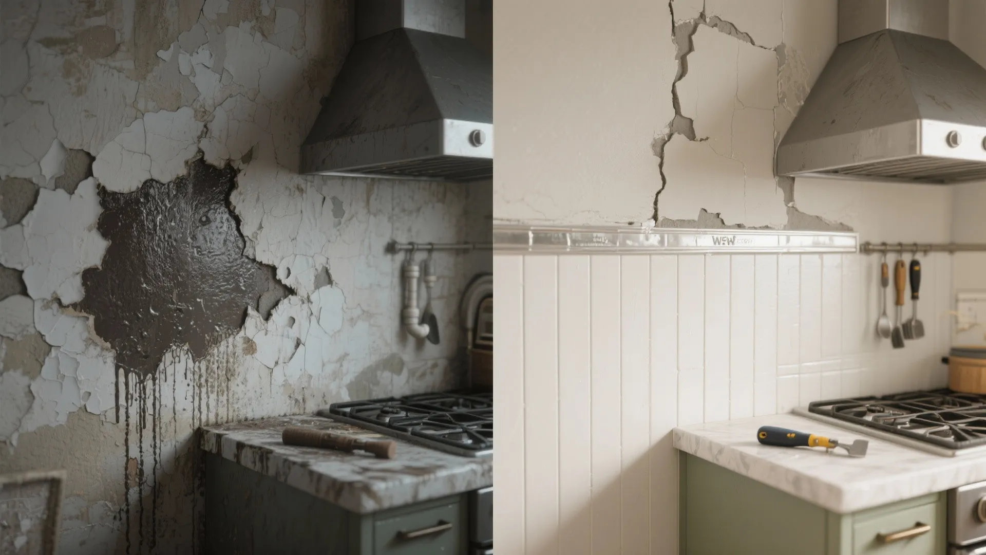 Before and after comparison of kitchen wall showing damaged peeling paint versus clean white wall panels