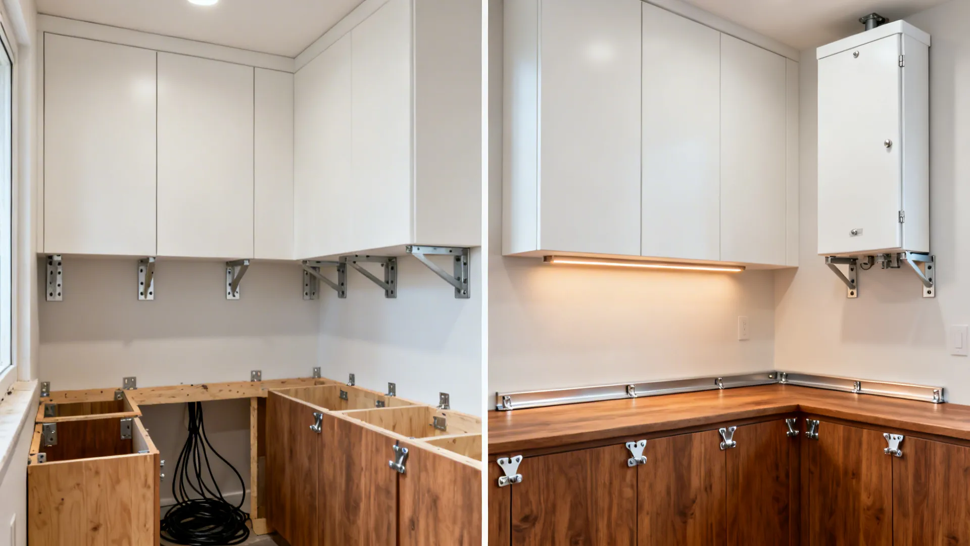 Before-and-after of a small kitchen, from basic install to precise concealed fixings and clean lines.
