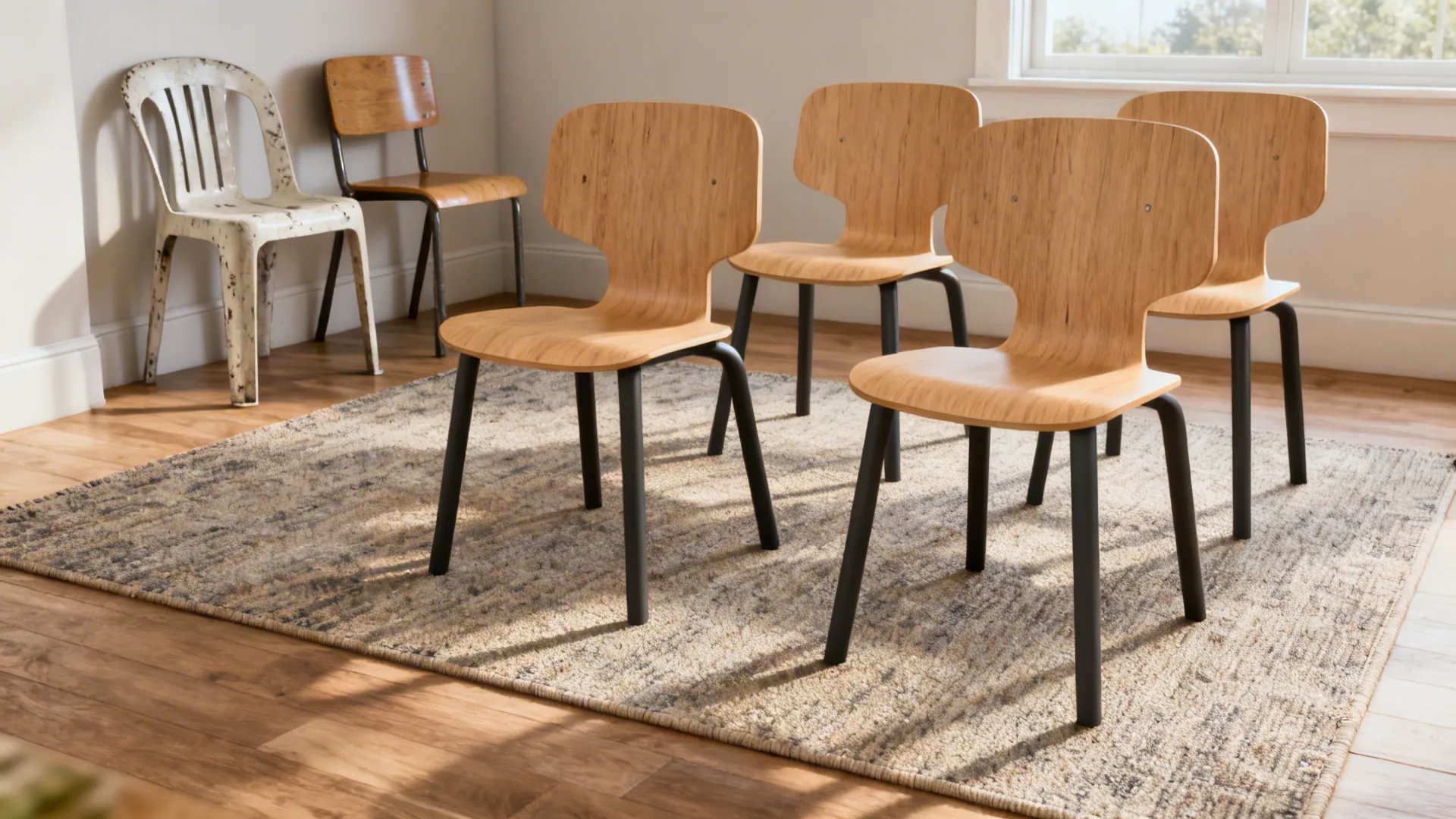 Three modern wooden chairs with black legs sitting on a rug in a bright room