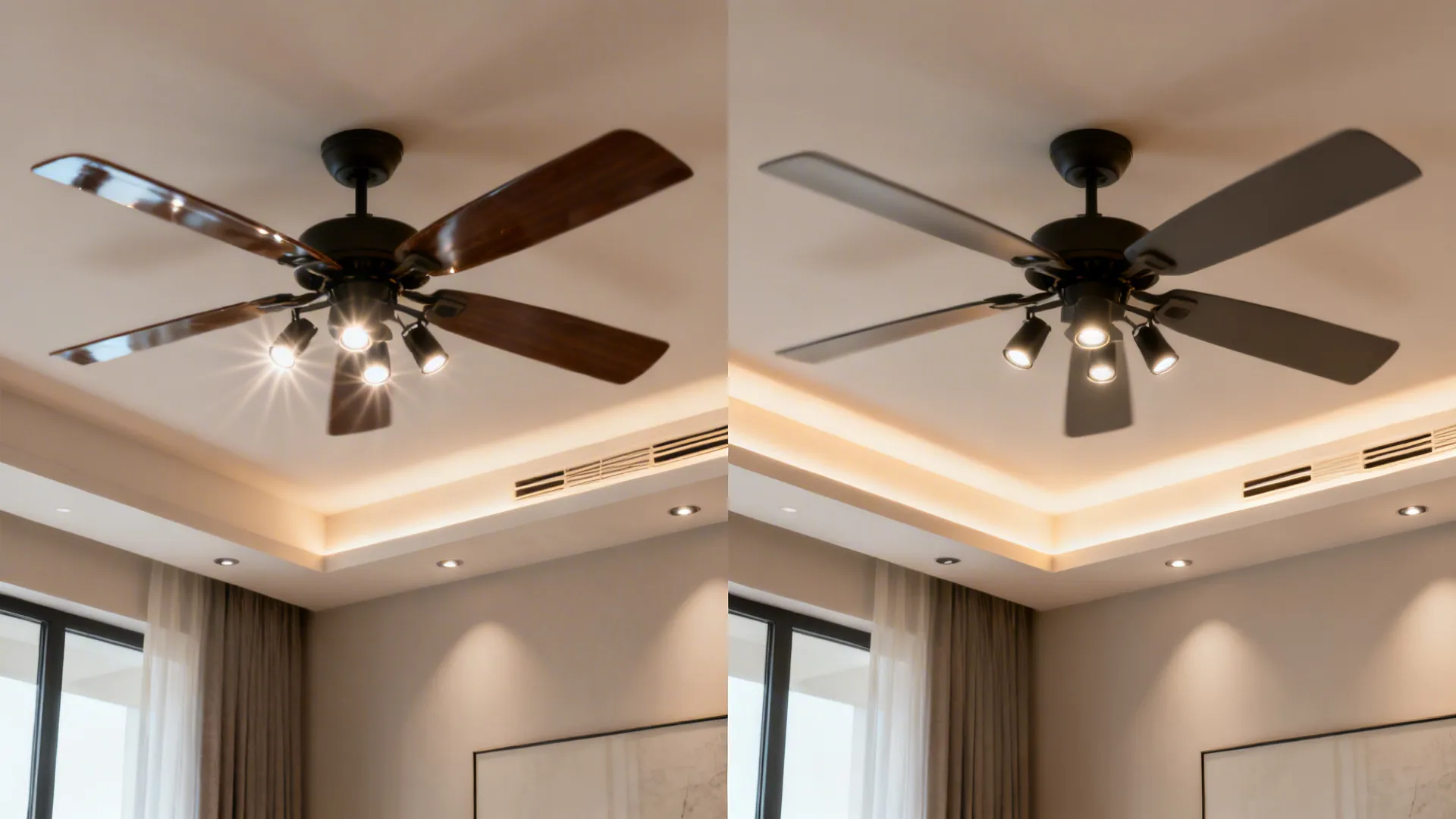 Before-and-after comparison showing strobing from poor light placement versus a corrected, flicker-free ceiling.